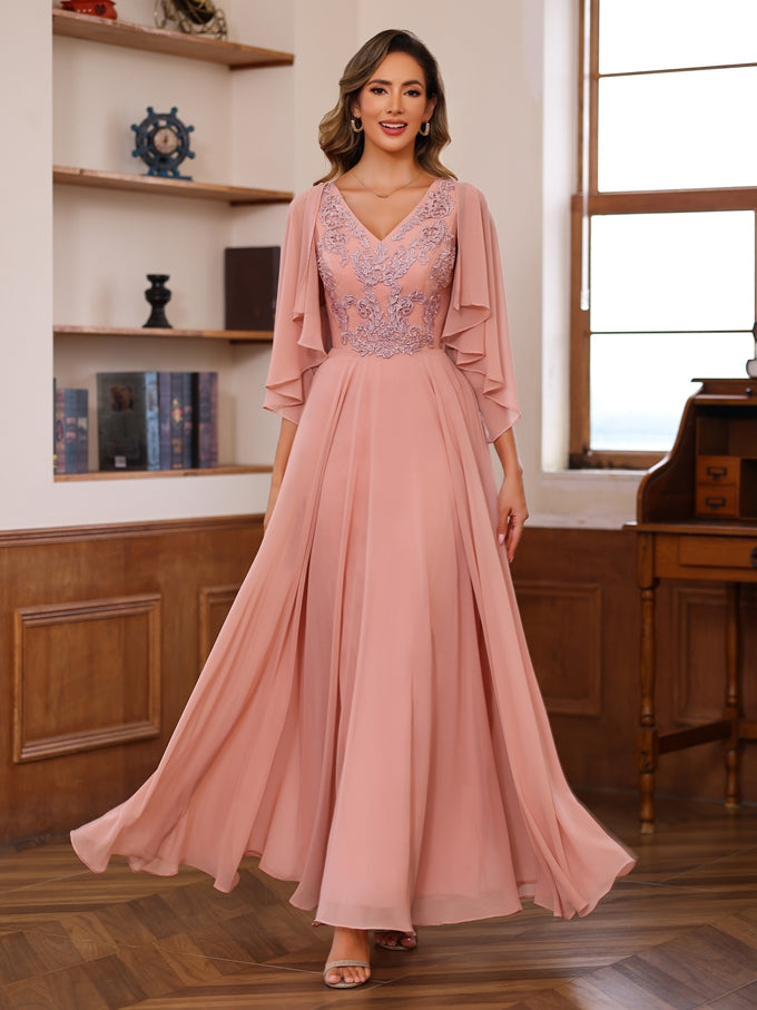 Robe de Mère de la Mariée A-Line/Princess à Col en V, Longueur Au Sol, 2 Photos, avec Appliques et Cache-Cœur
