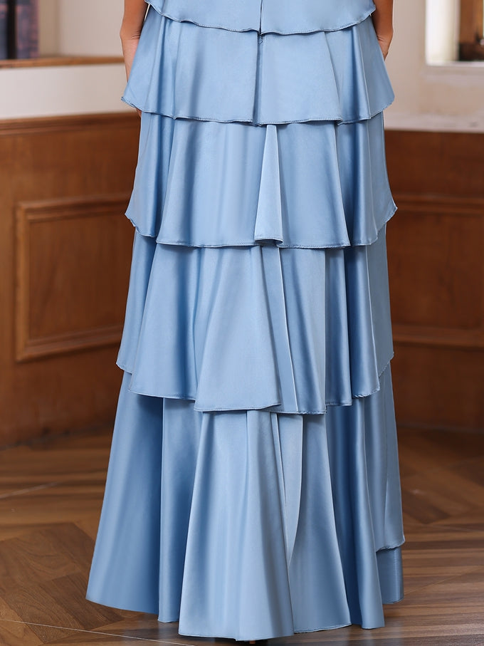 Robe de Mère de la Mariée Coupe A-Line/Princess, Col en V, Sans Manches, Longueur Au Sol, avec Volants et Cache-Cœur