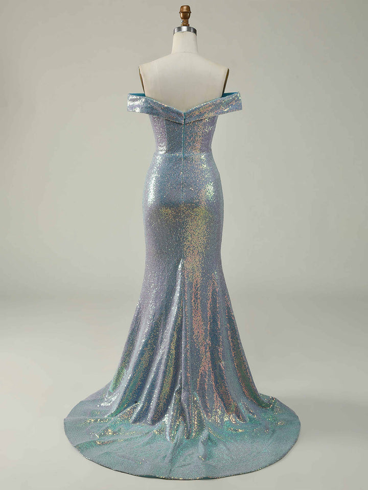 Robe de Mère de la Mariée Sirène/Trompette à Épaules Dénudées Sans Manches, Longue Au Sol, avec Fente Latérale, Paillettes et Volants