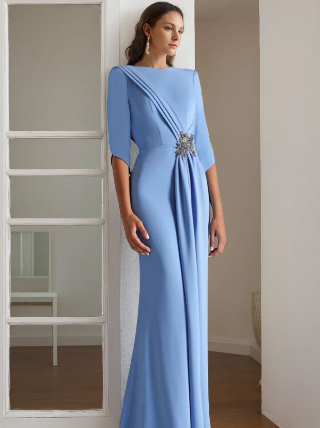 Robes de Mère de la Mariée et Du Marié à Manches 1/2, Longueur Au Sol, Fourreau/Colonne, avec Strass