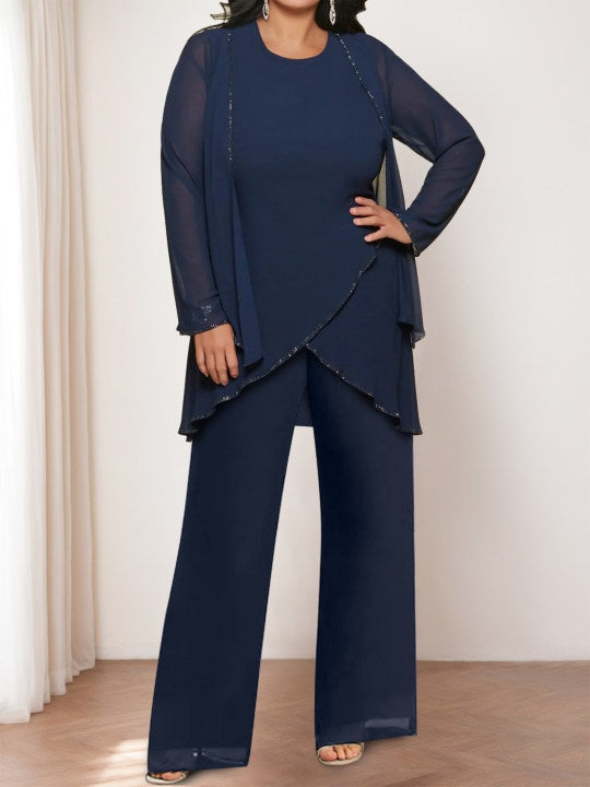 Ensemble pantalon mère de la mariée mousseline col rond, veste