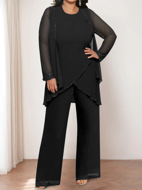 Ensemble pantalon mère de la mariée mousseline col rond, veste