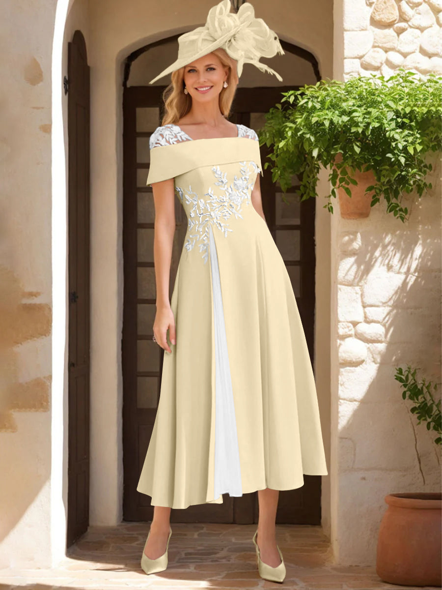 Robe de Mère de La Mariée Ligne A/Princesse, Satin Élastique, Col Carré, Manches Courtes, Volants et Appliqués