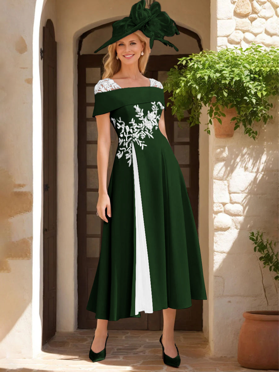 Robe de Mère de La Mariée Ligne A/Princesse, Satin Élastique, Col Carré, Manches Courtes, Volants et Appliqués