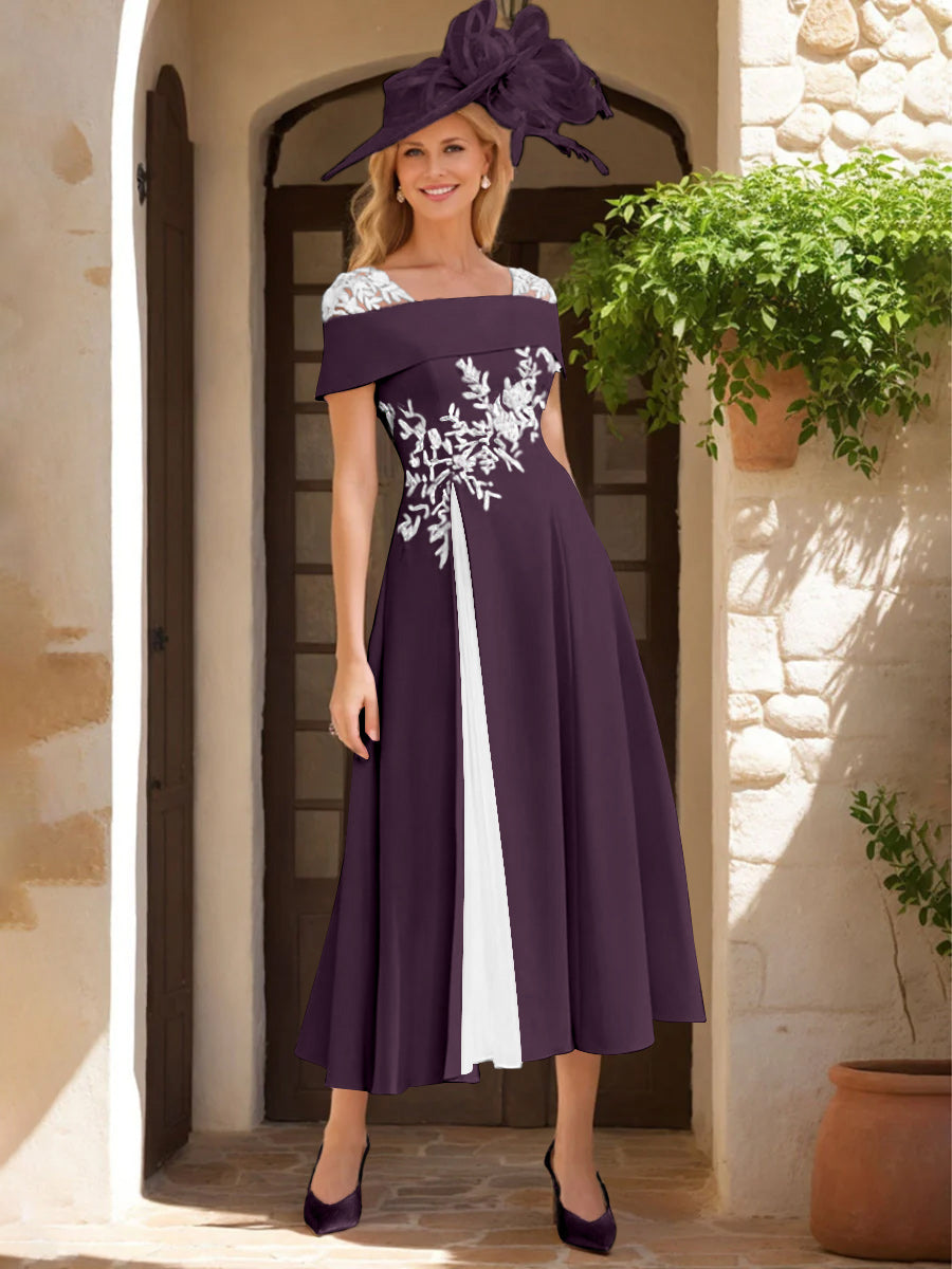 Robe de Mère de La Mariée Ligne A/Princesse, Satin Élastique, Col Carré, Manches Courtes, Volants et Appliqués