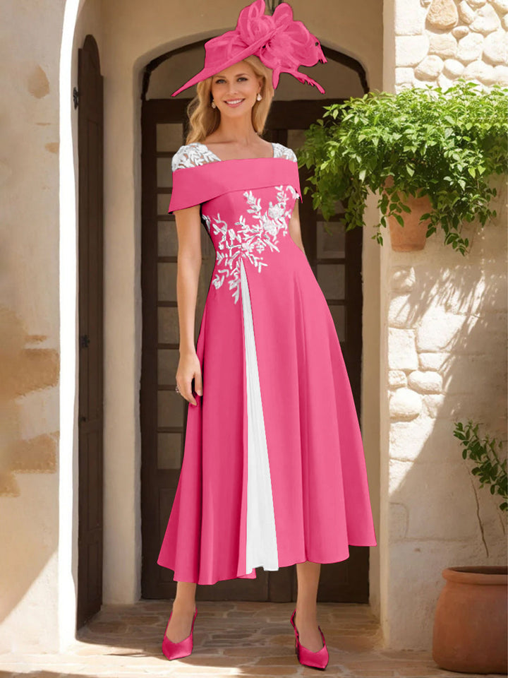 Robe de Mère de La Mariée Ligne A/Princesse, Satin Élastique, Col Carré, Manches Courtes, Volants et Appliqués