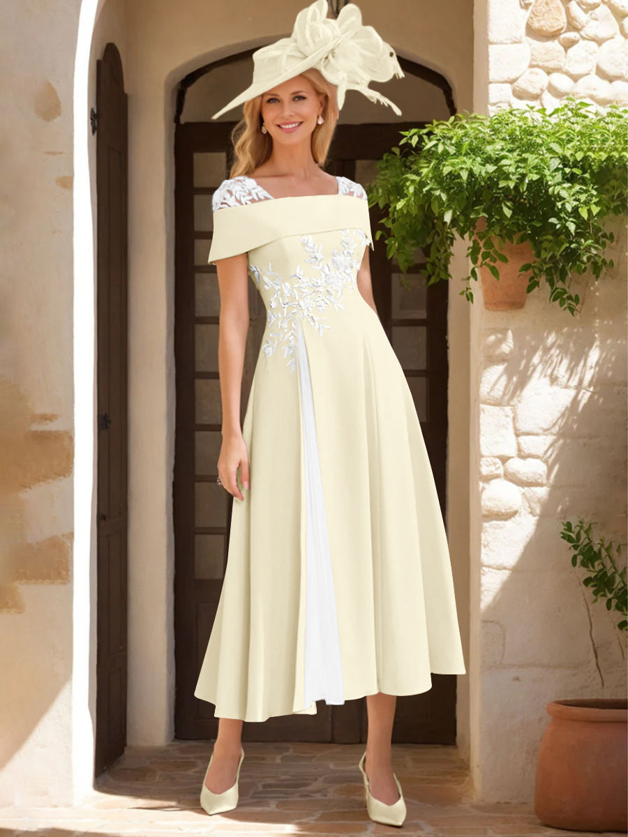Robe de Mère de La Mariée Ligne A/Princesse, Satin Élastique, Col Carré, Manches Courtes, Volants et Appliqués