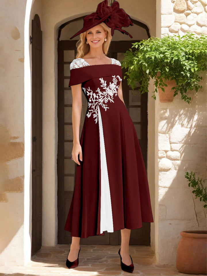 Robe de Mère de La Mariée Ligne A/Princesse, Satin Élastique, Col Carré, Manches Courtes, Volants et Appliqués