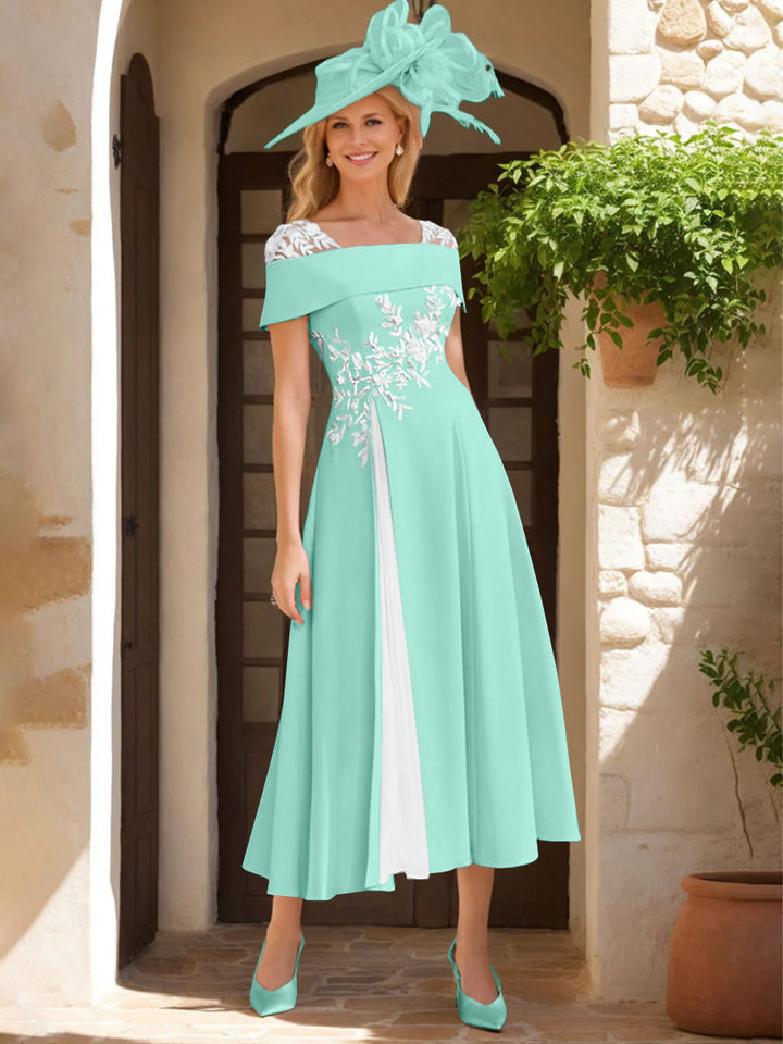 Robe de Mère de La Mariée Ligne A/Princesse, Satin Élastique, Col Carré, Manches Courtes, Volants et Appliqués