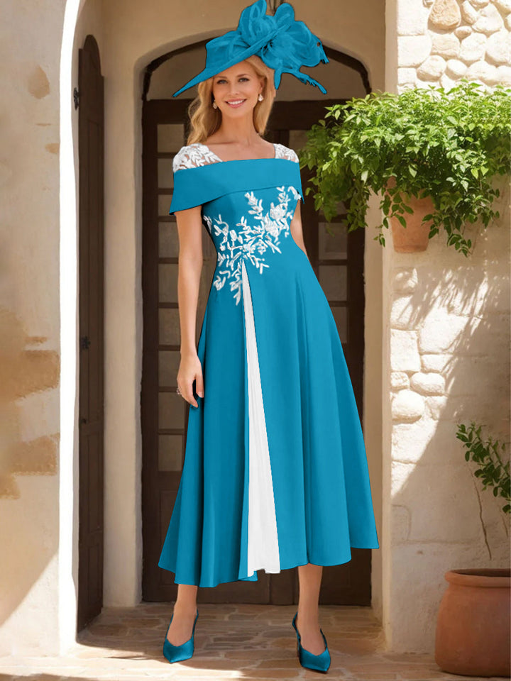 Robe de Mère de La Mariée Ligne A/Princesse, Satin Élastique, Col Carré, Manches Courtes, Volants et Appliqués