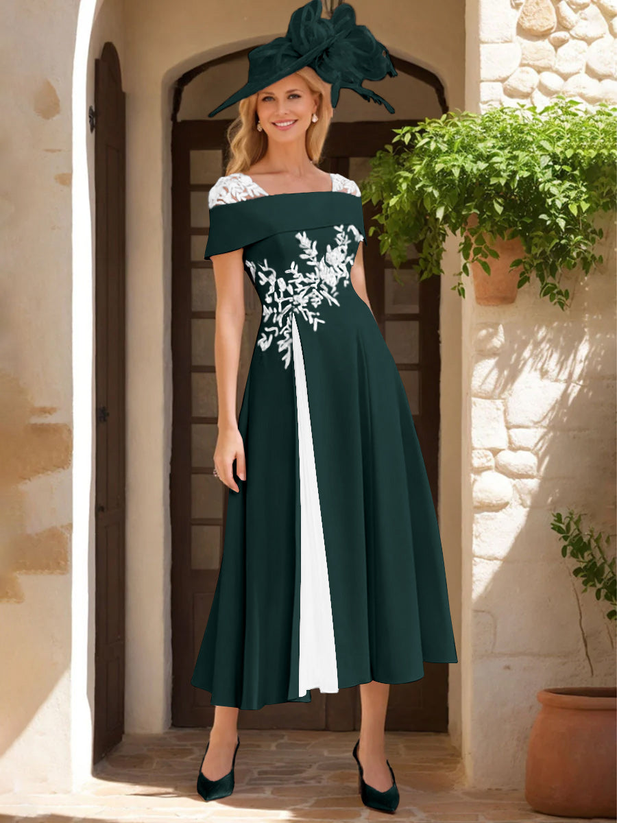Robe de Mère de La Mariée Ligne A/Princesse, Satin Élastique, Col Carré, Manches Courtes, Volants et Appliqués