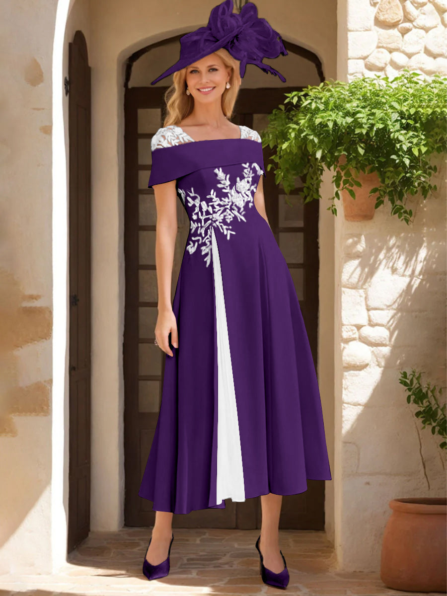 Robe de Mère de La Mariée Ligne A/Princesse, Satin Élastique, Col Carré, Manches Courtes, Volants et Appliqués