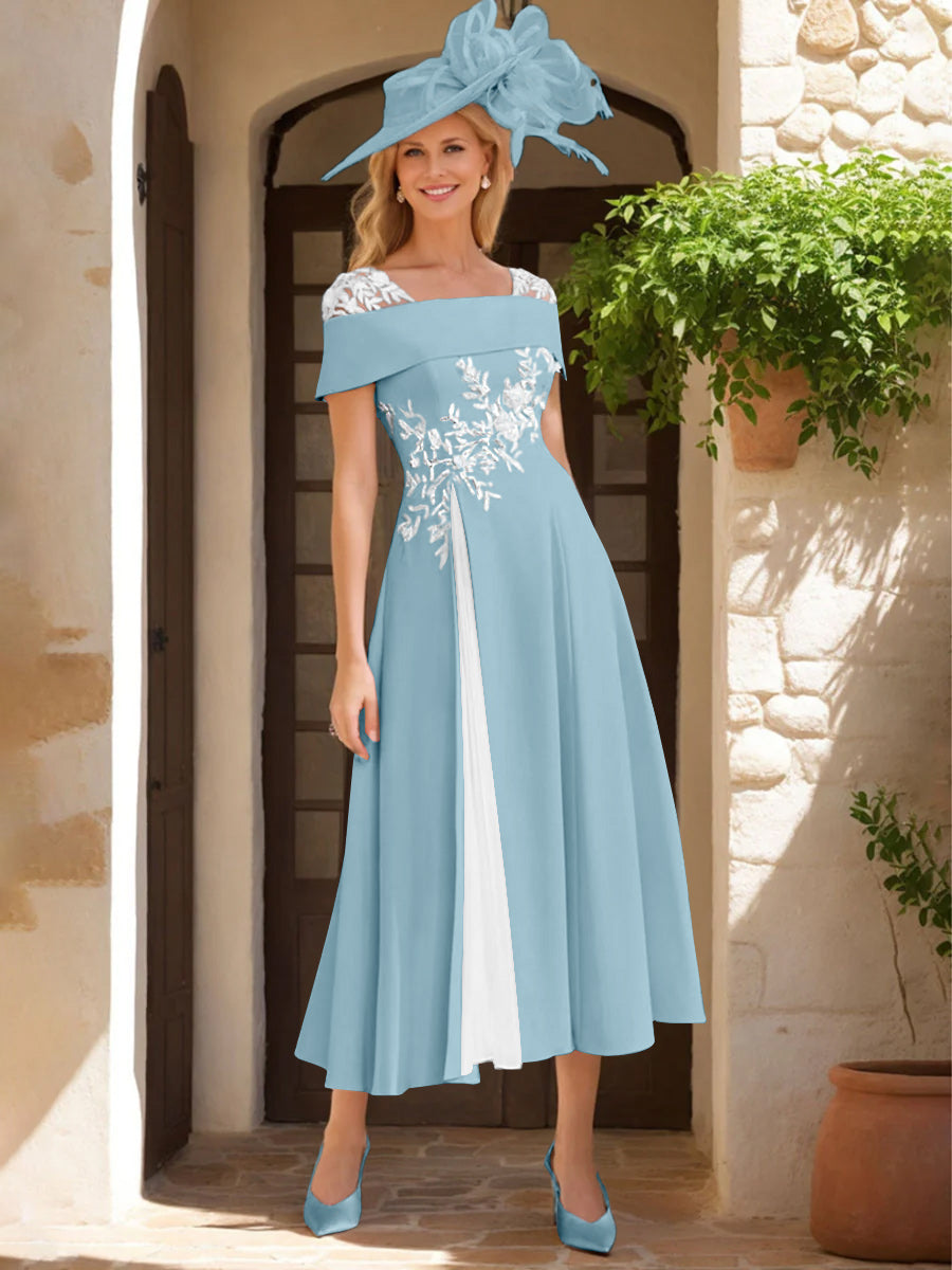 Robe de Mère de La Mariée Ligne A/Princesse, Satin Élastique, Col Carré, Manches Courtes, Volants et Appliqués