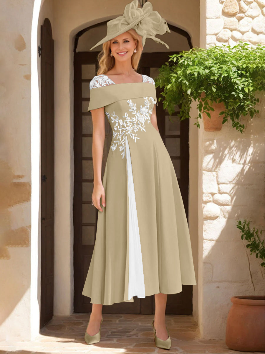 Robe de Mère de La Mariée Ligne A/Princesse, Satin Élastique, Col Carré, Manches Courtes, Volants et Appliqués
