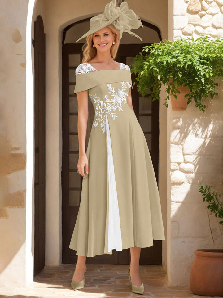 Robe de Mère de La Mariée Ligne A/Princesse, Satin Élastique, Col Carré, Manches Courtes, Volants et Appliqués