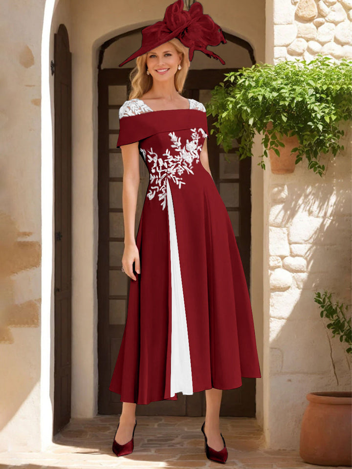 Robe de Mère de La Mariée Ligne A/Princesse, Satin Élastique, Col Carré, Manches Courtes, Volants et Appliqués