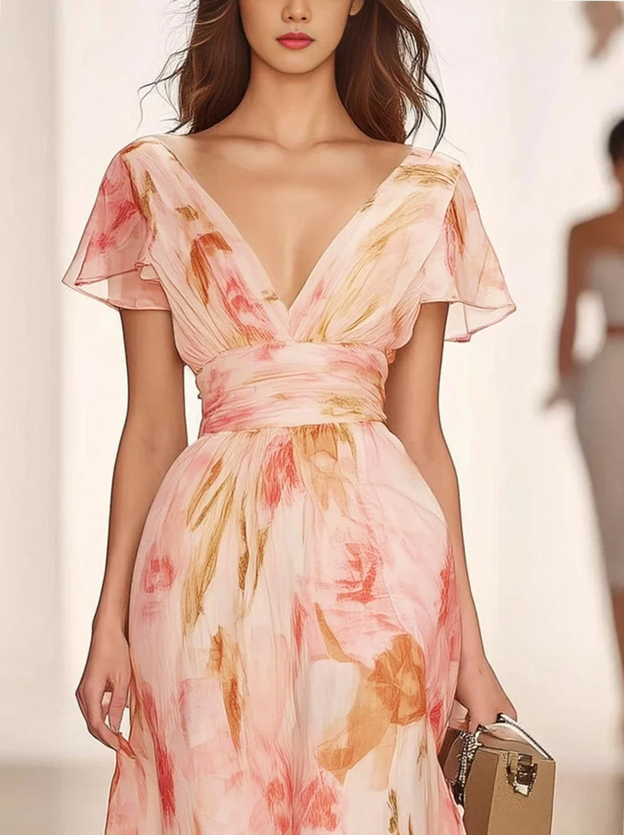 Robe mère de la mariée ligne A, col V, manches courtes, imprimé floral, avec volants