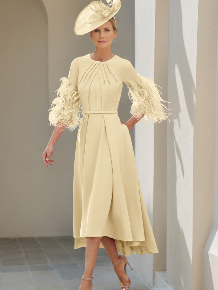 Ligne A/Princesse Scoop Demi-manches Longueur de Thé Robes Mère de La Mariée avec Feathers