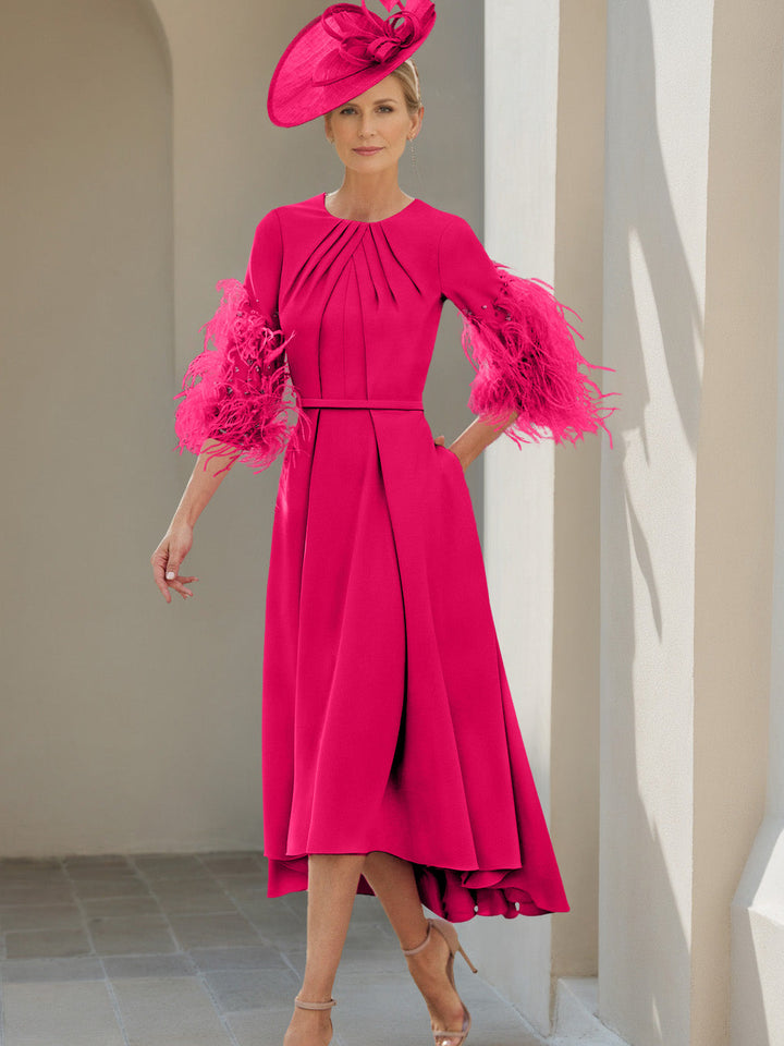 Ligne A/Princesse Scoop Demi-manches Longueur de Thé Robes Mère de La Mariée avec Feathers