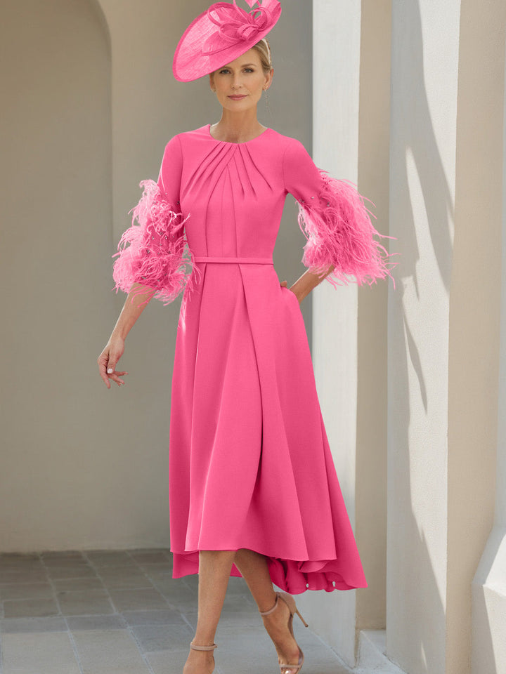 Ligne A/Princesse Scoop Demi-manches Longueur de Thé Robes Mère de La Mariée avec Feathers