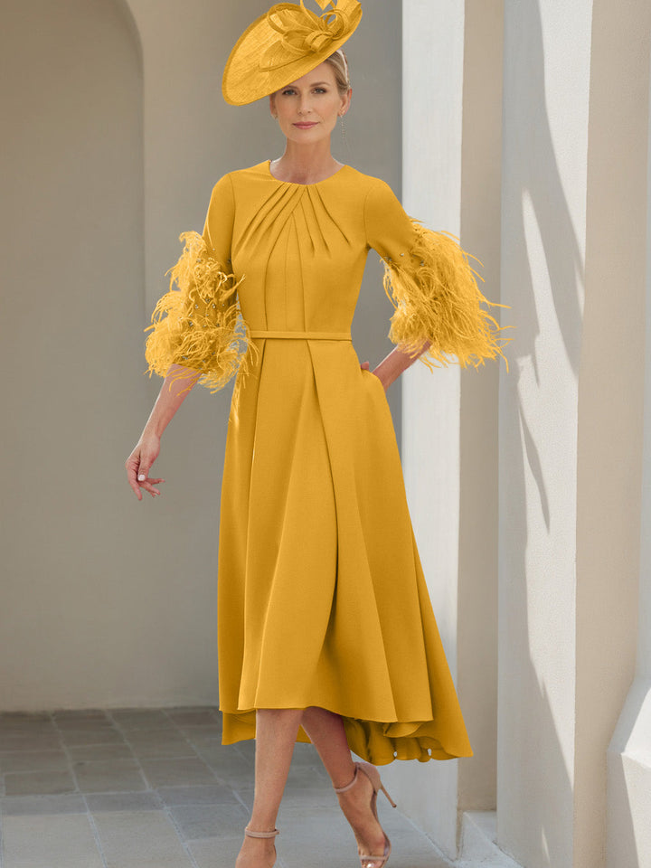 Ligne A/Princesse Scoop Demi-manches Longueur de Thé Robes Mère de La Mariée avec Feathers