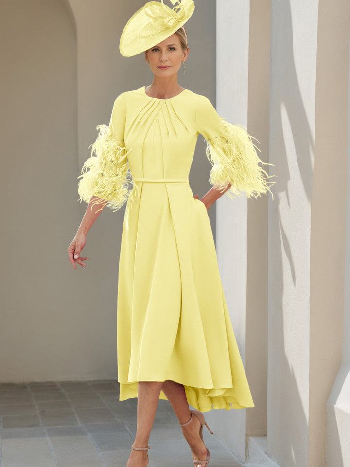 Ligne A/Princesse Scoop Demi-manches Longueur de Thé Robes Mère de La Mariée avec Feathers