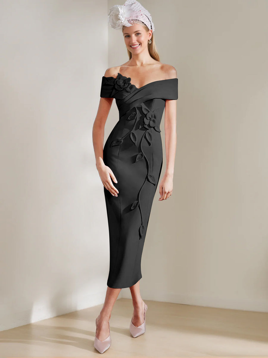 Gaine/Colonne Hors de l'Épaule Longueur de Thé Robes Mère de La Mariée avec 3D Fleurs