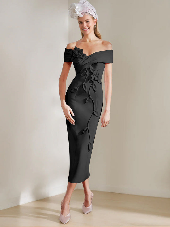 Gaine/Colonne Hors de l'Épaule Longueur de Thé Robes Mère de La Mariée avec 3D Fleurs