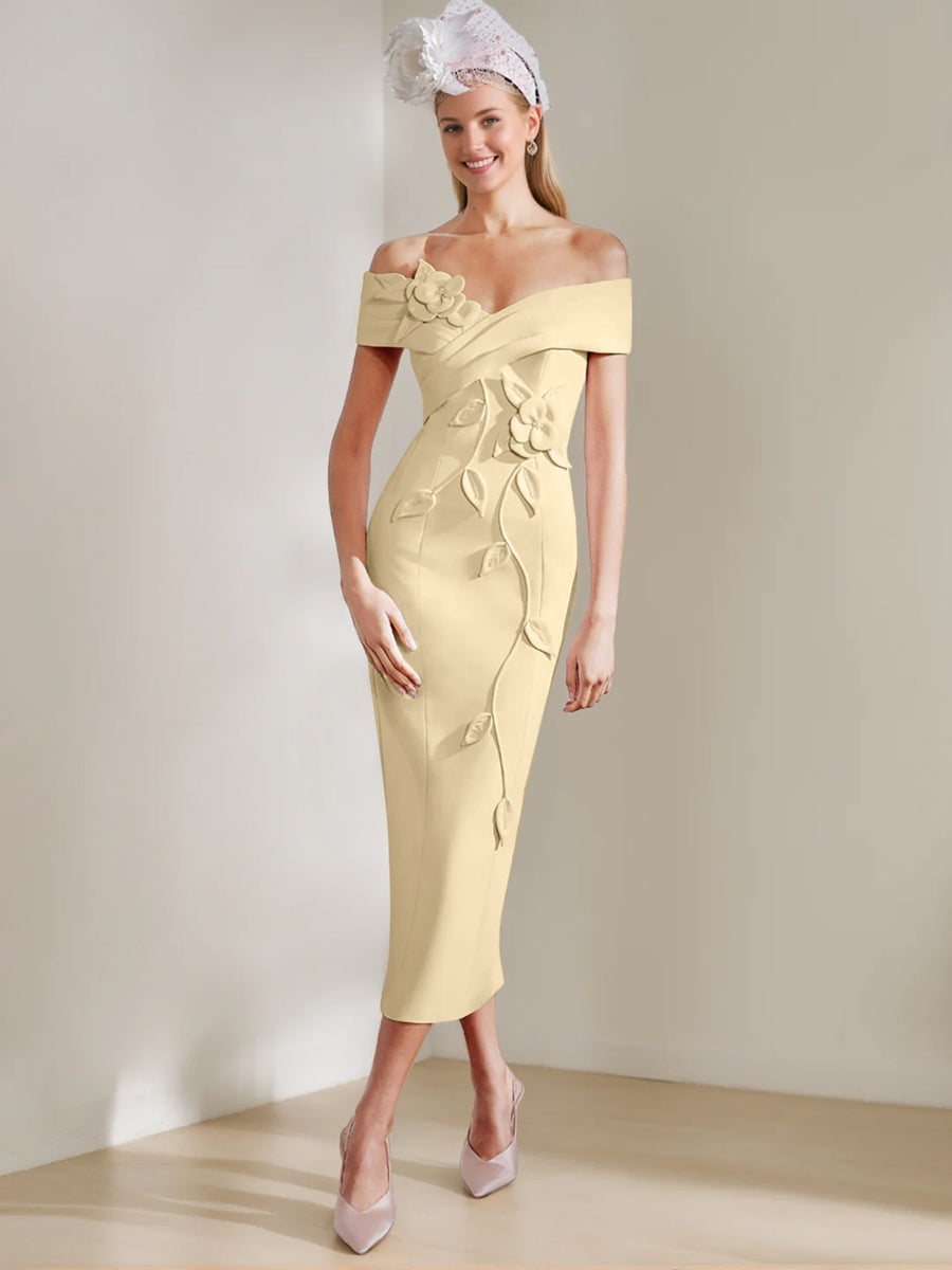 Gaine/Colonne Hors de l'Épaule Longueur de Thé Robes Mère de La Mariée avec 3D Fleurs