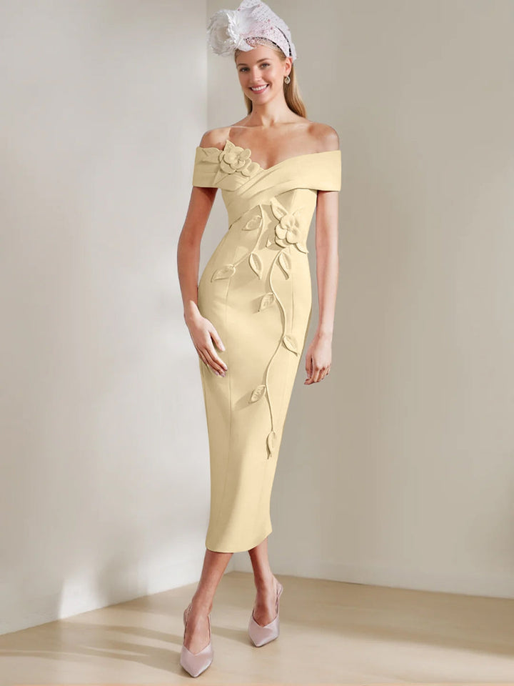 Gaine/Colonne Hors de l'Épaule Longueur de Thé Robes Mère de La Mariée avec 3D Fleurs