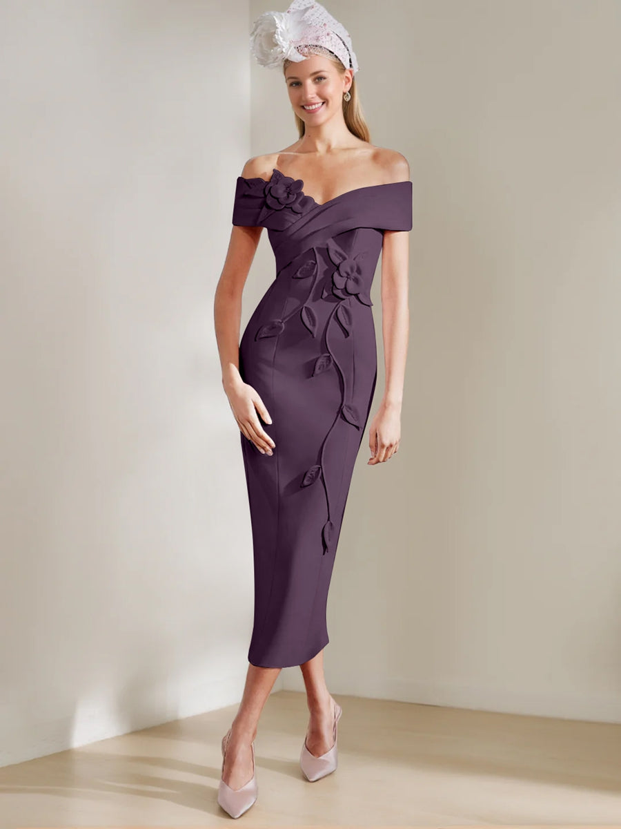 Gaine/Colonne Hors de l'Épaule Longueur de Thé Robes Mère de La Mariée avec 3D Fleurs