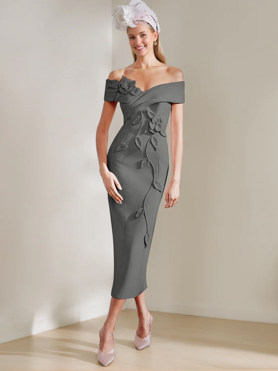 Gaine/Colonne Hors de l'Épaule Longueur de Thé Robes Mère de La Mariée avec 3D Fleurs