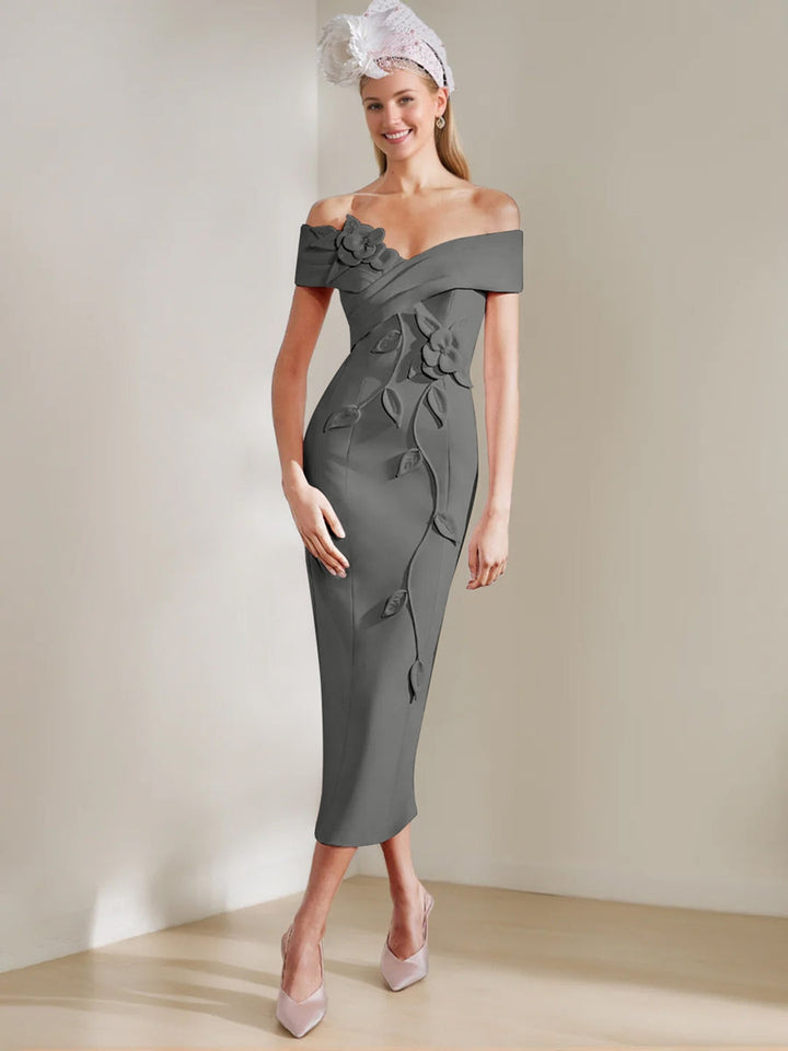 Gaine/Colonne Hors de l'Épaule Longueur de Thé Robes Mère de La Mariée avec 3D Fleurs