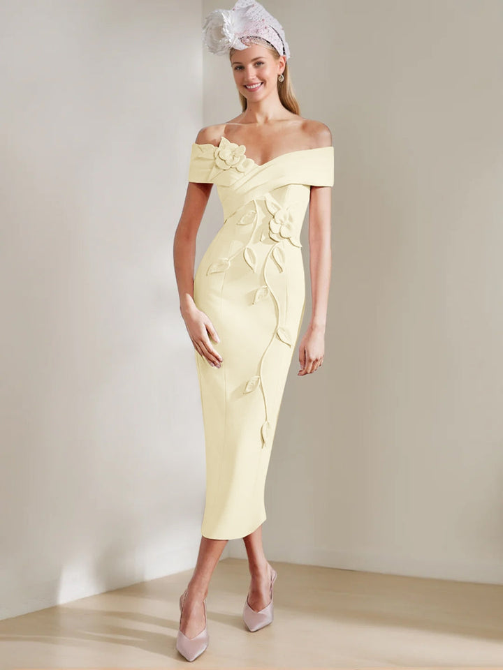 Gaine/Colonne Hors de l'Épaule Longueur de Thé Robes Mère de La Mariée avec 3D Fleurs