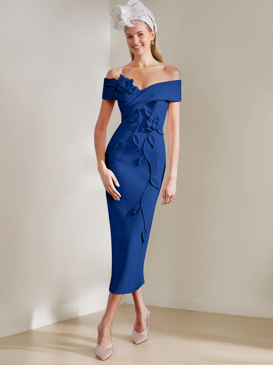 Gaine/Colonne Hors de l'Épaule Longueur de Thé Robes Mère de La Mariée avec 3D Fleurs