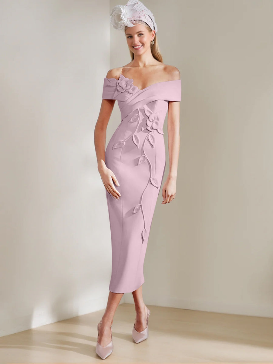 Gaine/Colonne Hors de l'Épaule Longueur de Thé Robes Mère de La Mariée avec 3D Fleurs