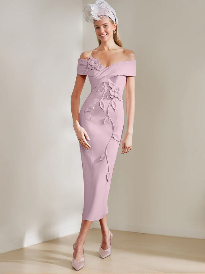 Gaine/Colonne Hors de l'Épaule Longueur de Thé Robes Mère de La Mariée avec 3D Fleurs