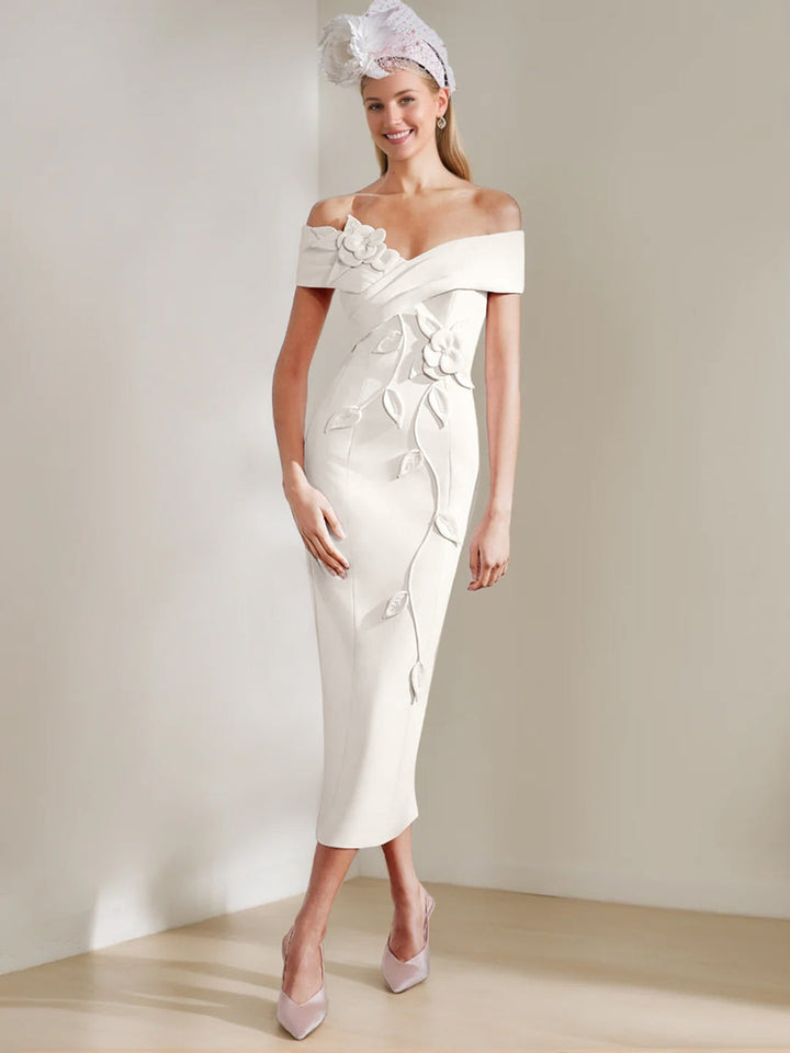 Gaine/Colonne Hors de l'Épaule Longueur de Thé Robes Mère de La Mariée avec 3D Fleurs