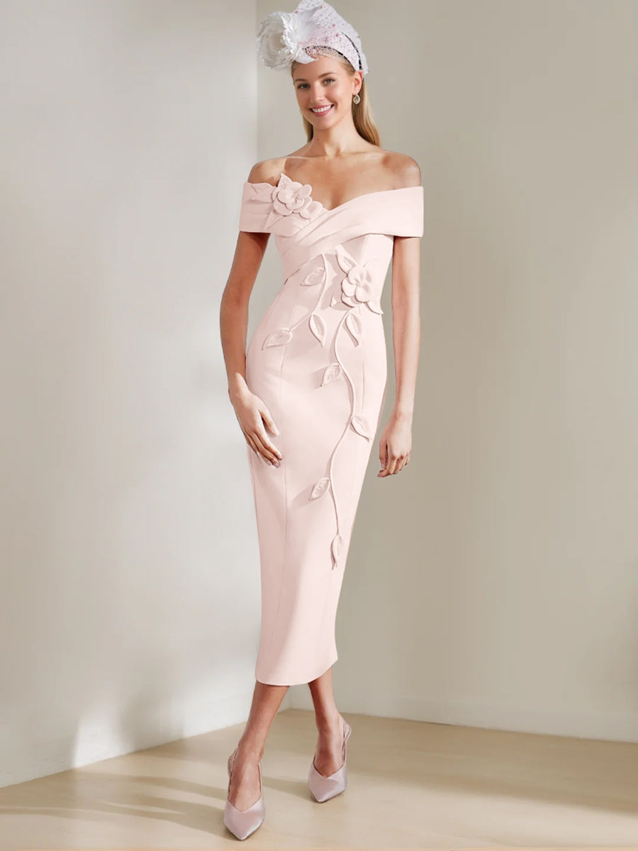 Gaine/Colonne Hors de l'Épaule Longueur de Thé Robes Mère de La Mariée avec 3D Fleurs