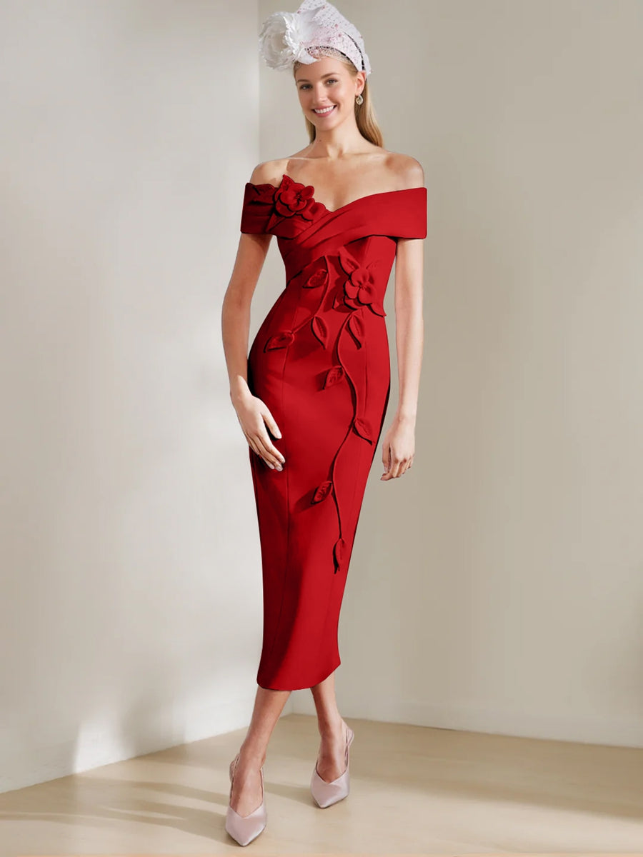 Gaine/Colonne Hors de l'Épaule Longueur de Thé Robes Mère de La Mariée avec 3D Fleurs