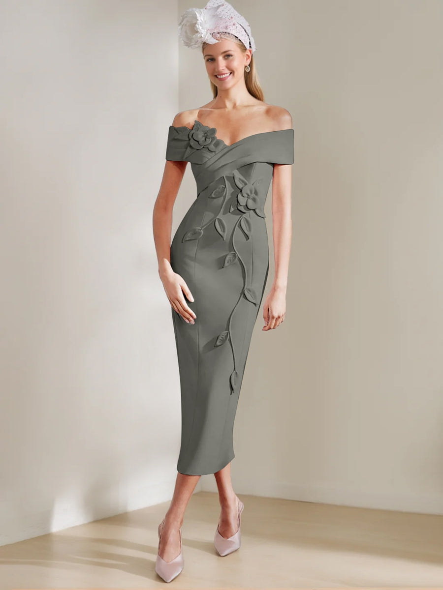 Gaine/Colonne Hors de l'Épaule Longueur de Thé Robes Mère de La Mariée avec 3D Fleurs