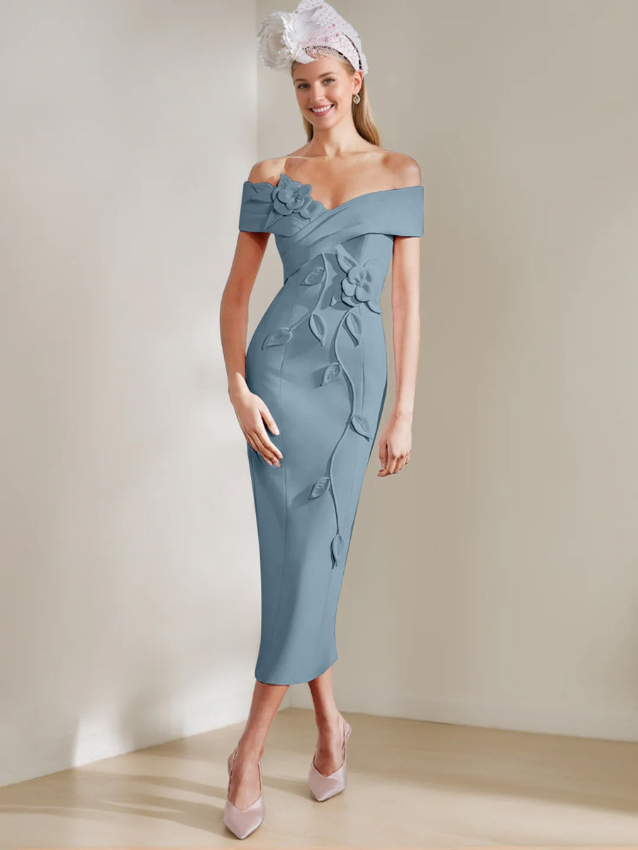 Gaine/Colonne Hors de l'Épaule Longueur de Thé Robes Mère de La Mariée avec 3D Fleurs