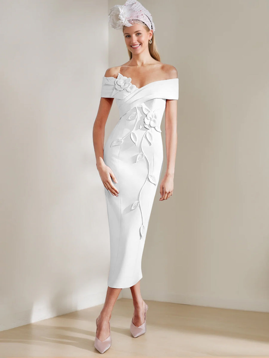 Gaine/Colonne Hors de l'Épaule Longueur de Thé Robes Mère de La Mariée avec 3D Fleurs