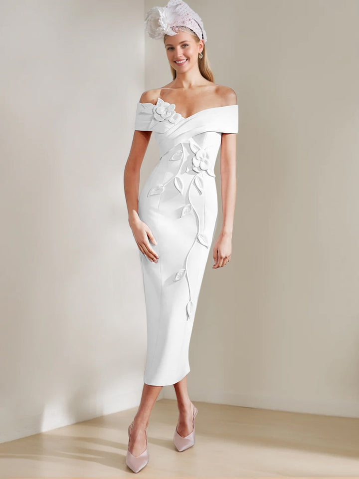 Gaine/Colonne Hors de l'Épaule Longueur de Thé Robes Mère de La Mariée avec 3D Fleurs