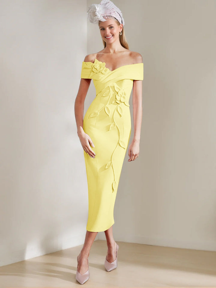 Gaine/Colonne Hors de l'Épaule Longueur de Thé Robes Mère de La Mariée avec 3D Fleurs