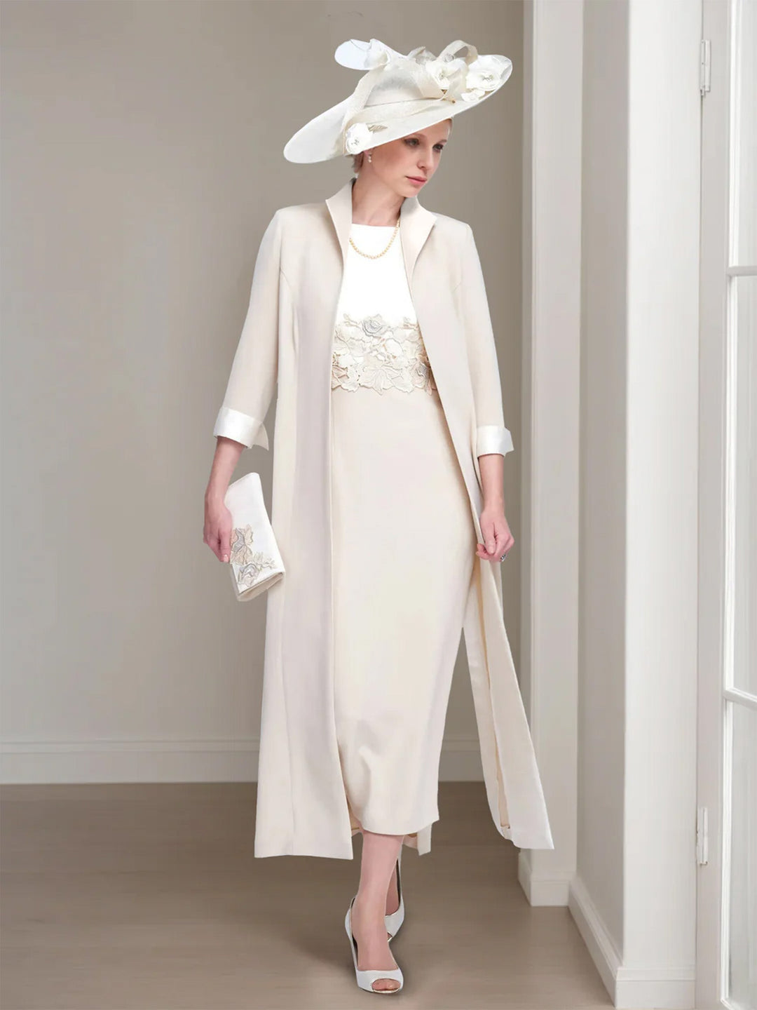 2 Morceaux Col rond Longueur de Thé Robes Mère de La Mariée avec veste & Dentelle Appliques