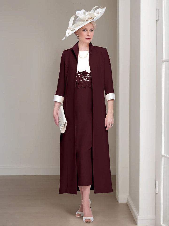 2 Morceaux Col rond Longueur de Thé Robes Mère de La Mariée avec veste & Dentelle Appliques
