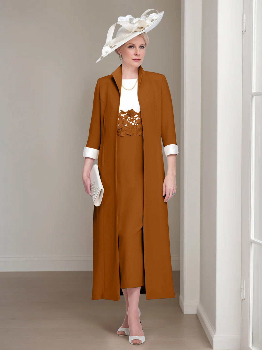 2 Morceaux Col rond Longueur de Thé Robes Mère de La Mariée avec veste & Dentelle Appliques