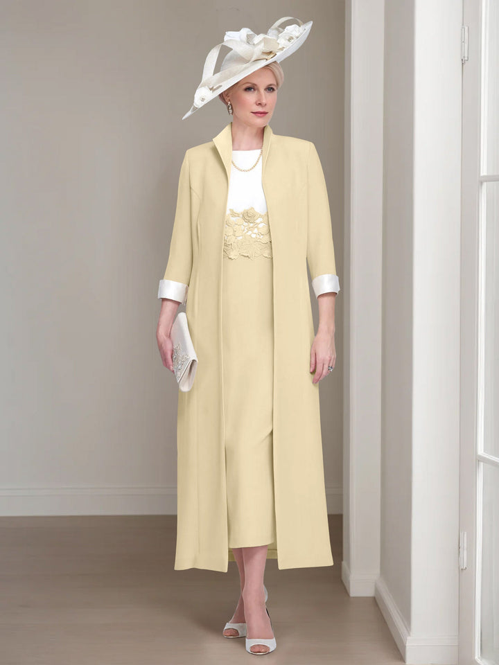 2 Morceaux Col rond Longueur de Thé Robes Mère de La Mariée avec veste & Dentelle Appliques