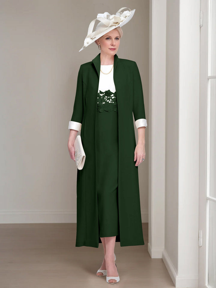 2 Morceaux Col rond Longueur de Thé Robes Mère de La Mariée avec veste & Dentelle Appliques